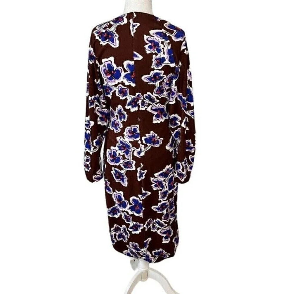Tanya Taylor Brown Amara Floral Brown & Blue Midi Dress, 3/4 sleeves, Sz  Med